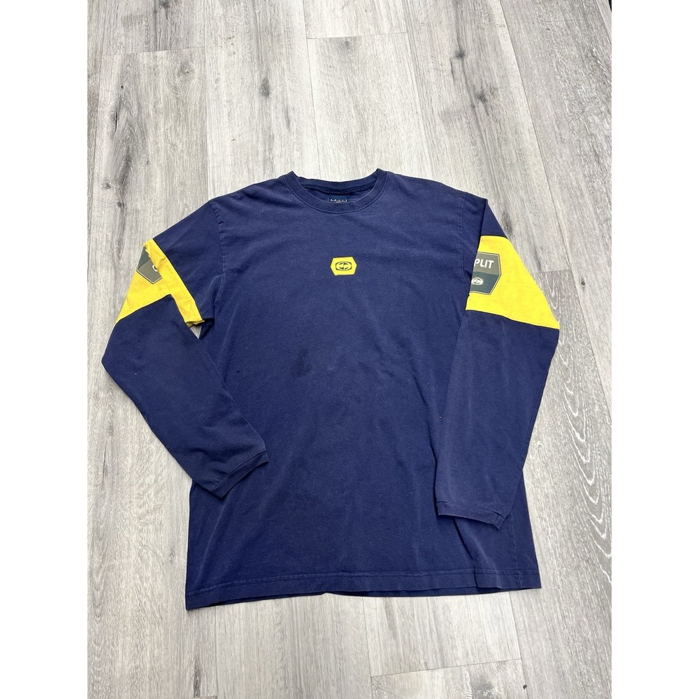 Vintage 90s Split Skateboarding Navy Blue Yellow Multi Logo T Shirt Size Large
